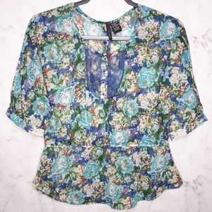 Fire Los Angeles Floral Top Sheer Batwing Blouse S